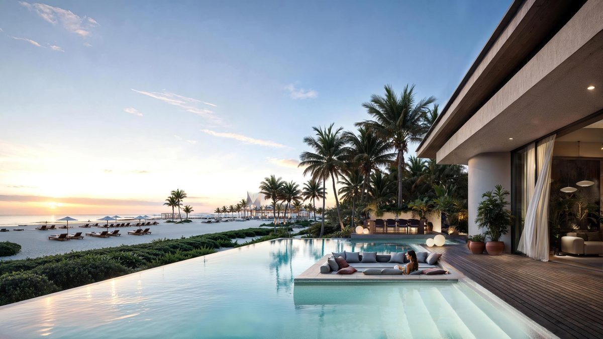 Nobu Residences North Coast — villa pool at sunset